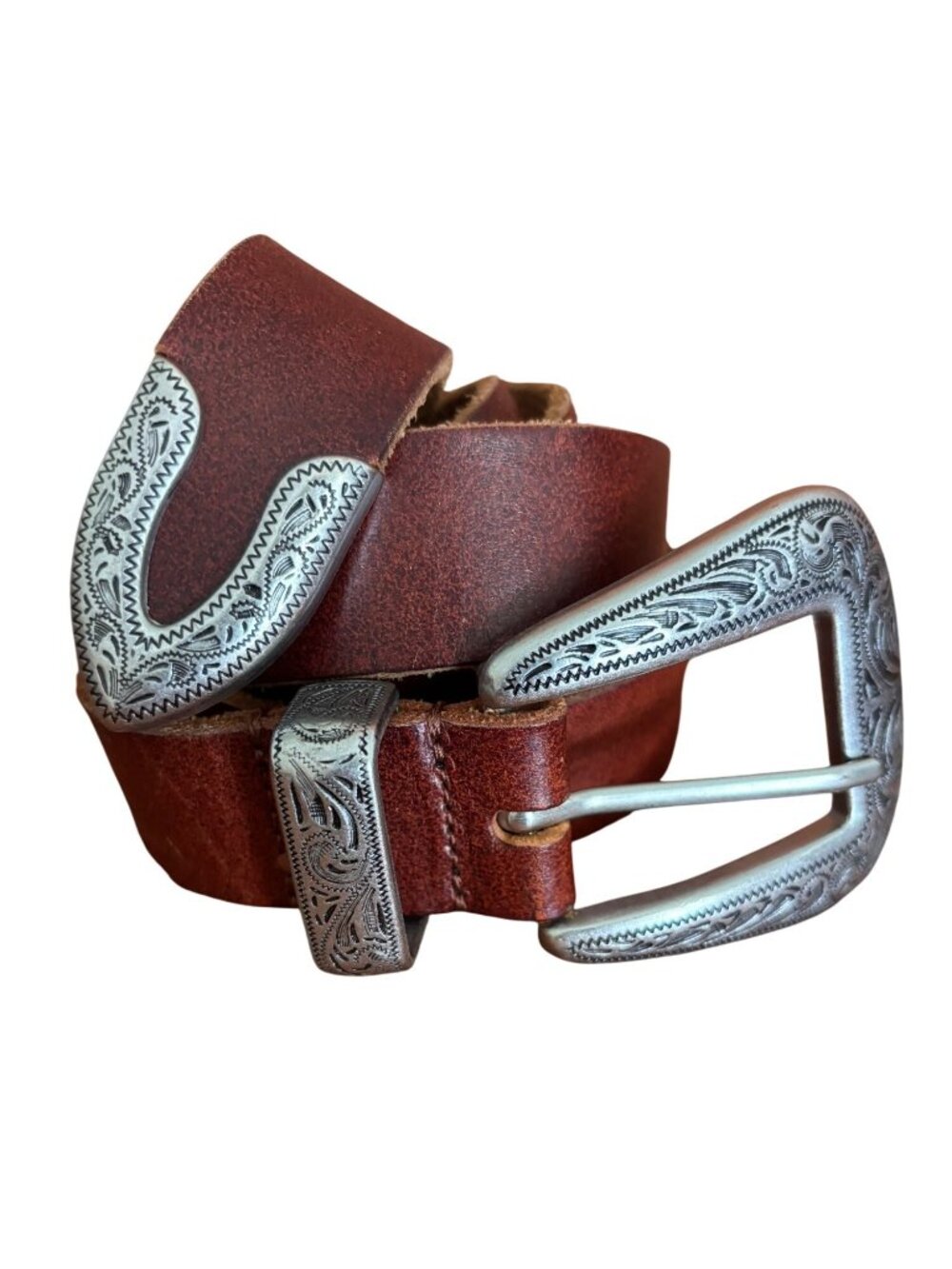 Urban Outfitters Western-Style Leather Belt With Ornate Silver Buckle & Tip Brow